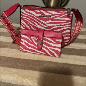 Michael Kors Pink and White Zebra Print Crossbody with Matching Card Case